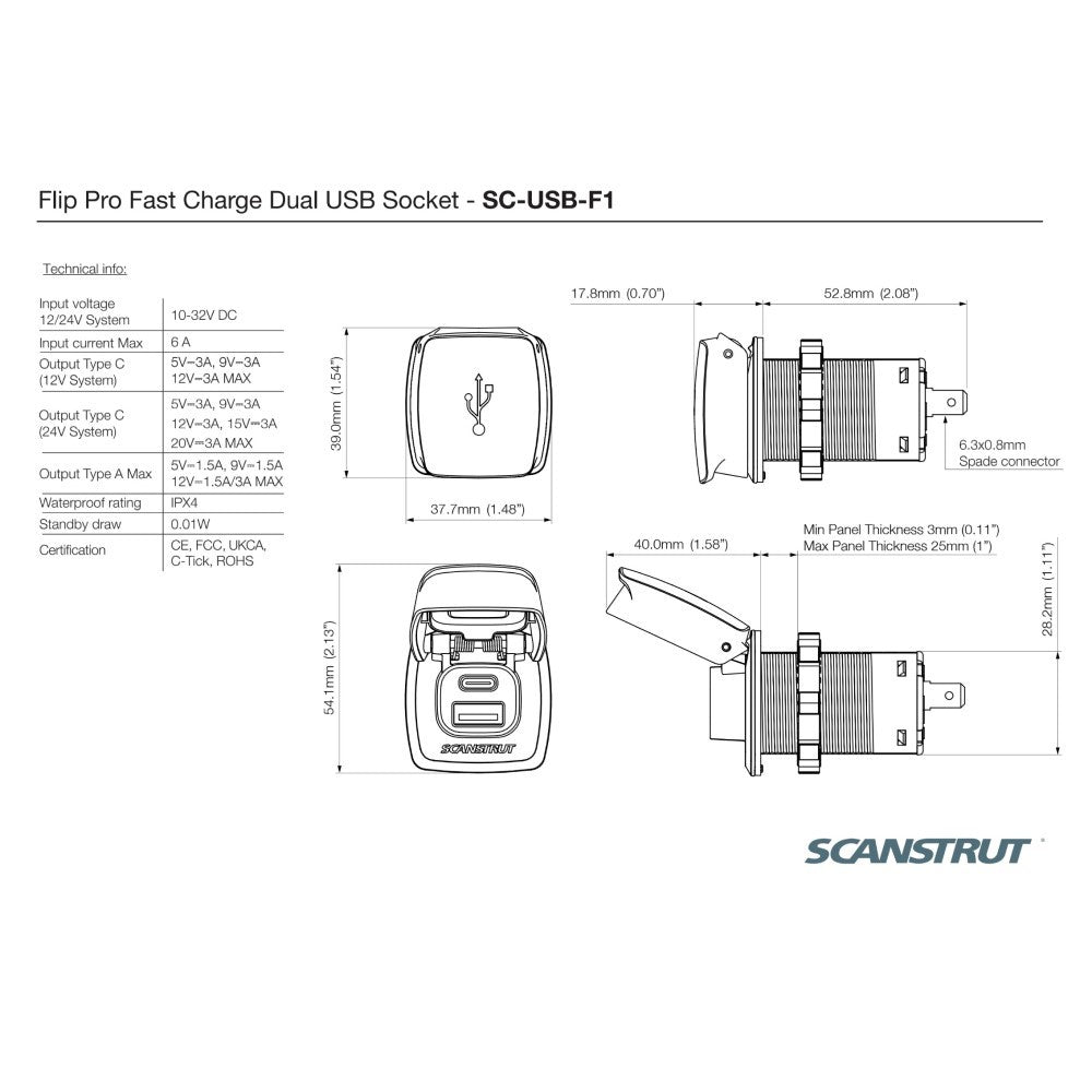 Scanstrut SC-USB-F1 Flip Pro Fast Charge Dual USB Socket